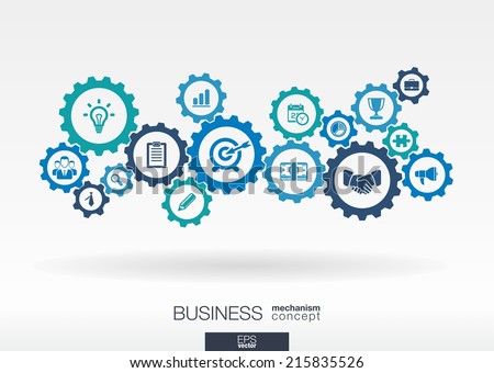 Business mechanism concept. Abstract background with connected gears and icons for strategy, service, analytics, research, seo, digital marketing, communicate concepts. Vector infographic illustration