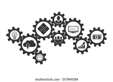 Business mechanism concept of cooperation and communications. Contacting gears for teamwork design and business problems collaboration solution. Vector infographic template with gear and icons.