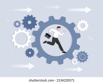 Business mechanism concept. Man in suit runs along gear. Development of company or organization, financial literacy and entrepreneurship. Ambition and motivation. Cartoon flat vector illustration