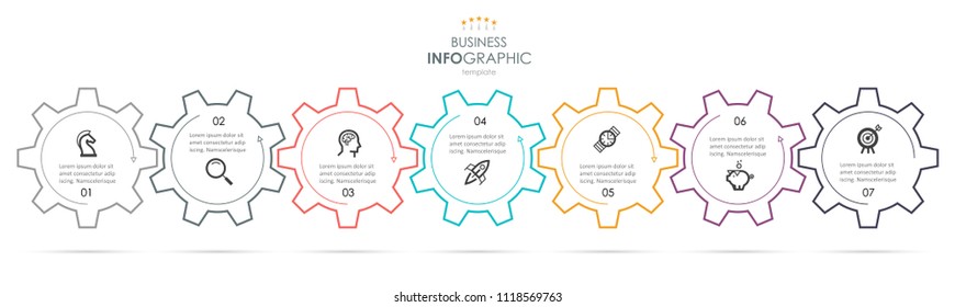 Business mechanism Infographic design template with icons and 7 options or steps.  Can be used for process diagram, presentations, workflow layout, banner, flow chart, info graph.