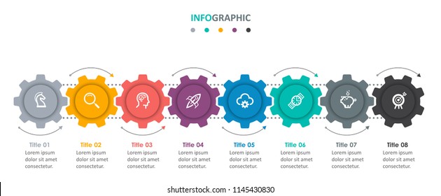 Business mechanism Infographic design template with icons and 8 options or steps.  Can be used for process diagram, presentations, workflow layout, banner, flow chart, info graph.