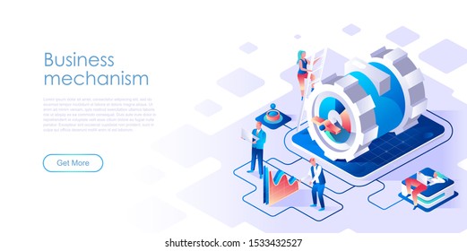 Business mechanism isometric landing page vector template. Workflow management, development website homepage UI illustration layout. Technical support, maintenance web banner isometry concept