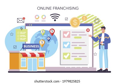 Business mechanism online service or platform. Idea of money increase and finance growth. Initial public offering, franchising, business scaling, valuation. Video tutorial. Vector flat illustration