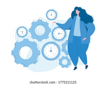 Business mechanism, time mechanism. gears and clocks. Vector illustration for web banner, infographics, mobile. 