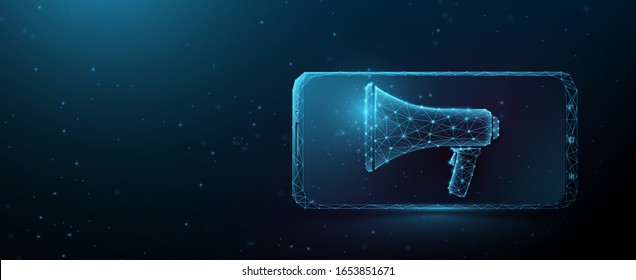 Business media advertising or digital internet marketing icon. Smartphone with megaphone. Lines, triangles and particle style design