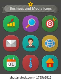 Business and Media Icons. Vector set of flat icons. 