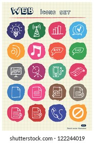 Business and media web icons set drawn by chalk. Hand drawn vector elements pack isolated on paper