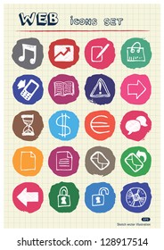 Business and media web icons set drawn by chalk. Hand drawn vector elements pack isolated on paper