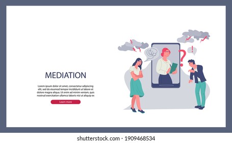 Business Mediation In Negotiations Website Banner Template With Mediator Resolving Conflict Online And Arguing People, Flat Vector Illustration. Business People Referee And Find Compromise.