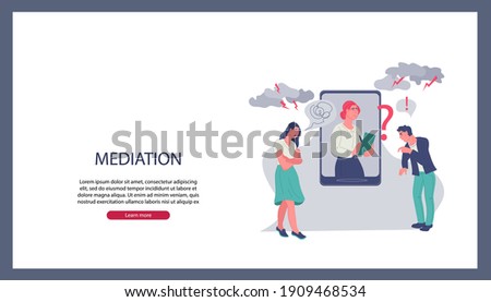 Business mediation in negotiations website banner template with mediator resolving conflict online and arguing people, flat vector illustration. Business people referee and find compromise.