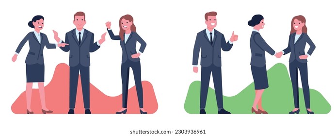 Business mediator finds compromise and stops conflict. Happy and angry businessman, Agreement on meeting. People handshake. Cartoon flat isolated illustration. Vector