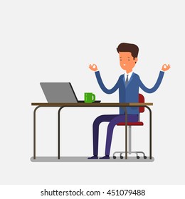 Business meditation. Cartoon business man meditates. Concept of peace in mind. Flat design