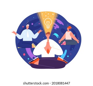 Business meditation process. Levitation office woman in yoga pose, mind health wellbeing. Start new project or ideas birth utter vector scene