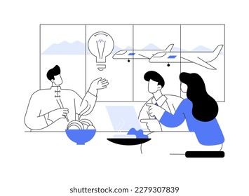 Business meeting in the airport abstract concept vector illustration. Group of multiethnic people having lunch in the airport, negotiation process, business class travel abstract metaphor.