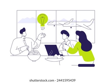 Business meeting in the airport abstract concept vector illustration. Group of multiethnic people having lunch in the airport, negotiation process, business class travel abstract metaphor.