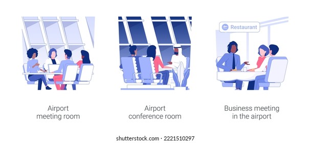 Business meeting in the airport isolated concept vector illustration set. Airport meeting room, conference hall, business class travel, partners meeting and negotiations vector cartoon.