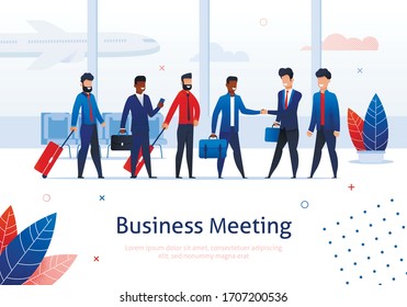 Business Meeting in Airport Terminal. Cartoon Businessman in Suit Shake Hand Vector Illustration. Man Greeting Team. People Collaboration Colleague Cooperation Partnership. Work Travel Trip