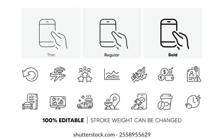 Business meeting, Analytics graph and Recovery data line icons. Pack of Trade infochart, Training results, Takeaway coffee icon. Car registration, Charging time, Auction pictogram. Line icons. Vector