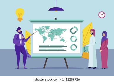 Business Meeting with Arab Partners in Conference Room. Man Making Presentation for Colleagues near World Map with Direction Indexes. People in Company Office Interior Cartoon Flat Vector Illustration