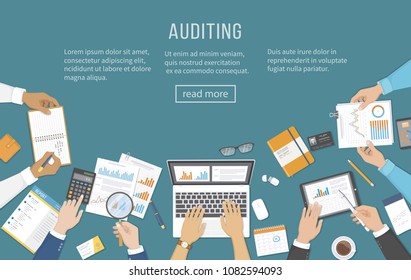 Business meeting, audit,  calculation, data analysis, reporting, accounting. People at the desk at work. Human hands on a table with documents, report, notebook, phone, tablet, laptop. Vector