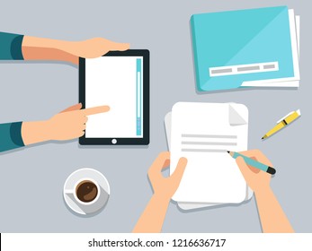 Business meeting, audit, calculation, data analysis, reporting, accounting. People at work. Human hands on a table with documents, graphs, charts, notebook, phone