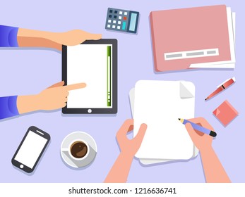 Business meeting, audit, calculation, data analysis, reporting, accounting. People at work. Human hands on a table with documents, graphs, charts, notebook, phone