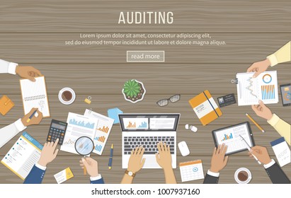 Business meeting, audit, data analysis, reporting, accounting. People at the desk at work. Human hands on a table with documents, graphs, charts, notebook, glasses, phone, laptop. Top view. Vector.