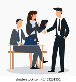 Business meeting behind work desk with laptop computer. Working and Communication concept. Vector illustration.