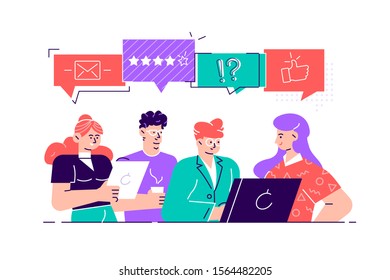 Business meeting behind work desk with laptop computer. Business people team sitting together looking at pc screen discussing done job, expressing appreciation.Flat style vector character illustration