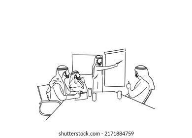 Business meeting between arabic business men. Concept of presentation. Cartoon vector illustration design