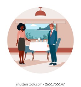 Business meeting between two professionals in modern dining setting with large window view vector