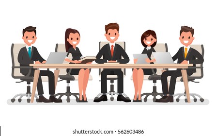 Business meeting at the big table, led by the head of the company. Vector illustration in a flat style