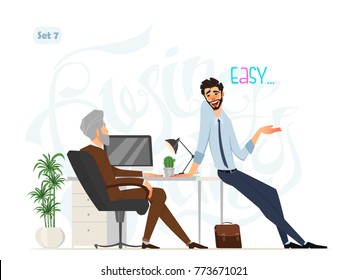 Business meeting. Boss and worker. Relaxed worker at boss office. Office style. Business characters with expressions