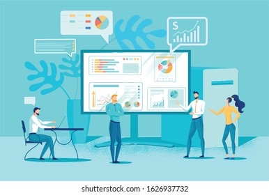 Business Meeting and Brainstorming, Financial Consulting Agency. People Analyze Company Development Data, Give Advices on Computer Screen with Colorful Charts. Flat Cartoon Trendy Vector Illustration.