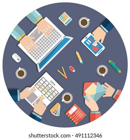 Business meeting and brainstorming. Flat design illustration