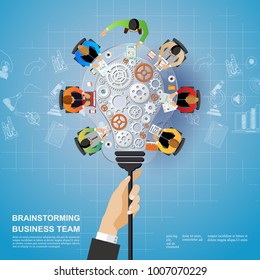 Business meeting and brainstorming. Idea and business concept for teamwork. Vector illustration info graphic template with people, team, light bulb and icon.
