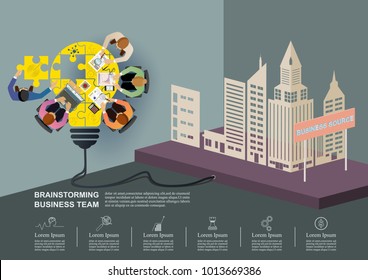 Business meeting and brainstorming. Idea and business concept for teamwork. Vector illustration infographic template with people, team, light bulb and icon.