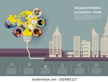 Business meeting and brainstorming. Idea and business concept for teamwork. Vector illustration infographic template with people, team, light bulb and icon.