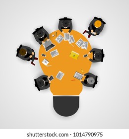 Business meeting and brainstorming. Idea and business concept for teamwork. Infographic template with people, team and light bulb table. Vector illustration