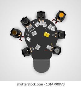 Business meeting and brainstorming. Idea and business concept for teamwork. Infographic template with people, team and light bulb table. Vector illustration