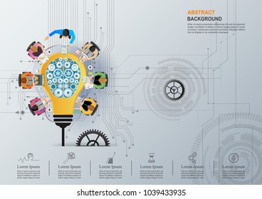 Business meeting and brainstorming. Idea and business concept for teamwork. Vector illustration infographic template with people, team, light bulb and icon.