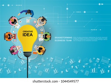 Business meeting and brainstorming. Idea and business concept for teamwork. Vector illustration infographic template with people, team, light bulb and icon.