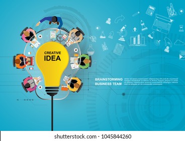 Business meeting and brainstorming. Idea and business concept for teamwork. Vector illustration infographic template with people, team, light bulb and icon.