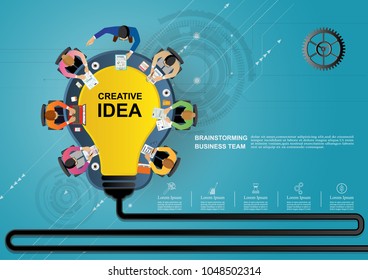 Business meeting and brainstorming. Idea and business concept for teamwork. Vector illustration infographic template with people, team, light bulb and icon.