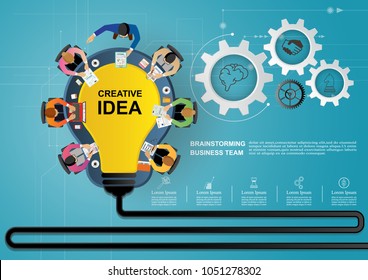 Business meeting and brainstorming. Idea and business concept for teamwork. Vector illustration infographic template with people, team, light bulb and icon.