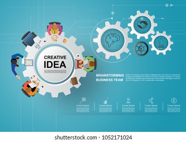 Business meeting and brainstorming. Idea and business concept for teamwork. Vector illustration infographic template with people, team, light bulb and icon.