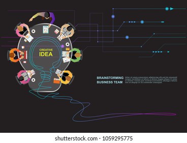 Business meeting and brainstorming. Idea and business concept for teamwork. Vector illustration infographic template with people, team, light bulb and icon.