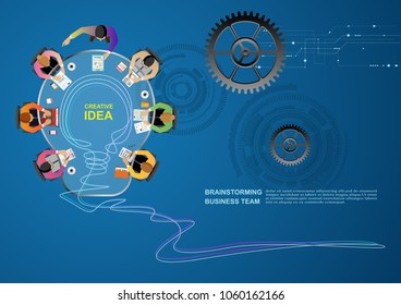 Business meeting and brainstorming. Idea and business concept for teamwork. Vector illustration infographic template with people, team, light bulb and icon.