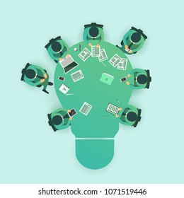 Business meeting and brainstorming. Idea and business concept for teamwork. Infographic template with people, team and light bulb table. Vector illustration