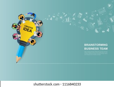 Business meeting and brainstorming. Idea and business concept for teamwork. Vector illustration infographic template with people, team, light bulb and icon.